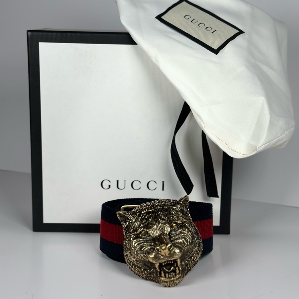 Authentic Gucci Web Belt with Antique Gold Tiger Head Rajah